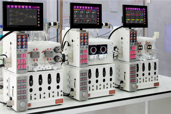 Flow chemistry systems with software touchscreen