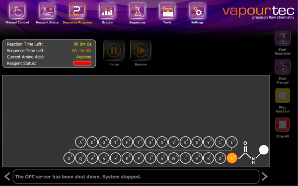 Peptide synthesizer user interface software peptide sequence progress