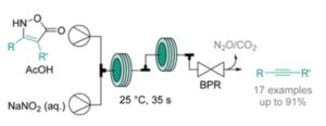 Continuous flow synthesis of alkynes from isoxazolones