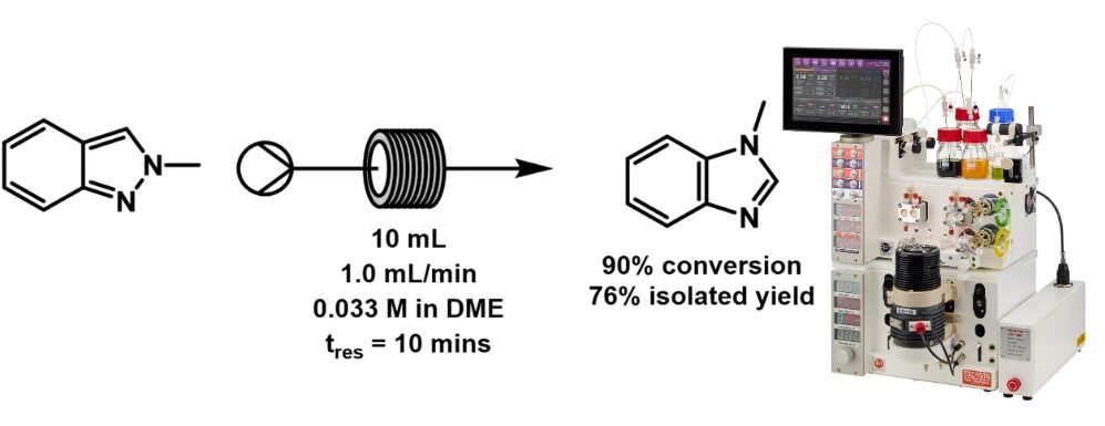 Scale-up reaction using the Vapourtec R-Series and UV-150 photochemical reactor as shown.
