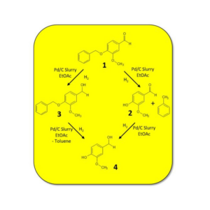 Selective hydrogenation of O-benzyl vanillin using hydrogen gas and a palladium on charcoal slurry