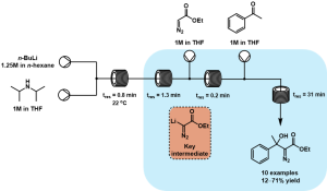 Continuous flow generation and safe handling of the unstable organolithium intermediate ethyl lithiodiazoacetate.